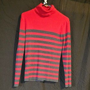 Large Liz Claiborne RED GREY STRIPE Sweater - Turtle Neck